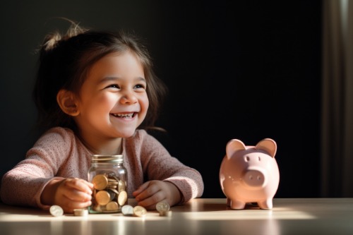 girl with piggy bank and coins